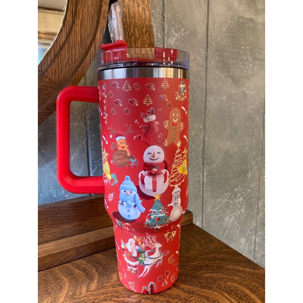 Christmas Holiday Insulated Tumbler 40oz Red Snowman Santa Reindeer Travel Mug